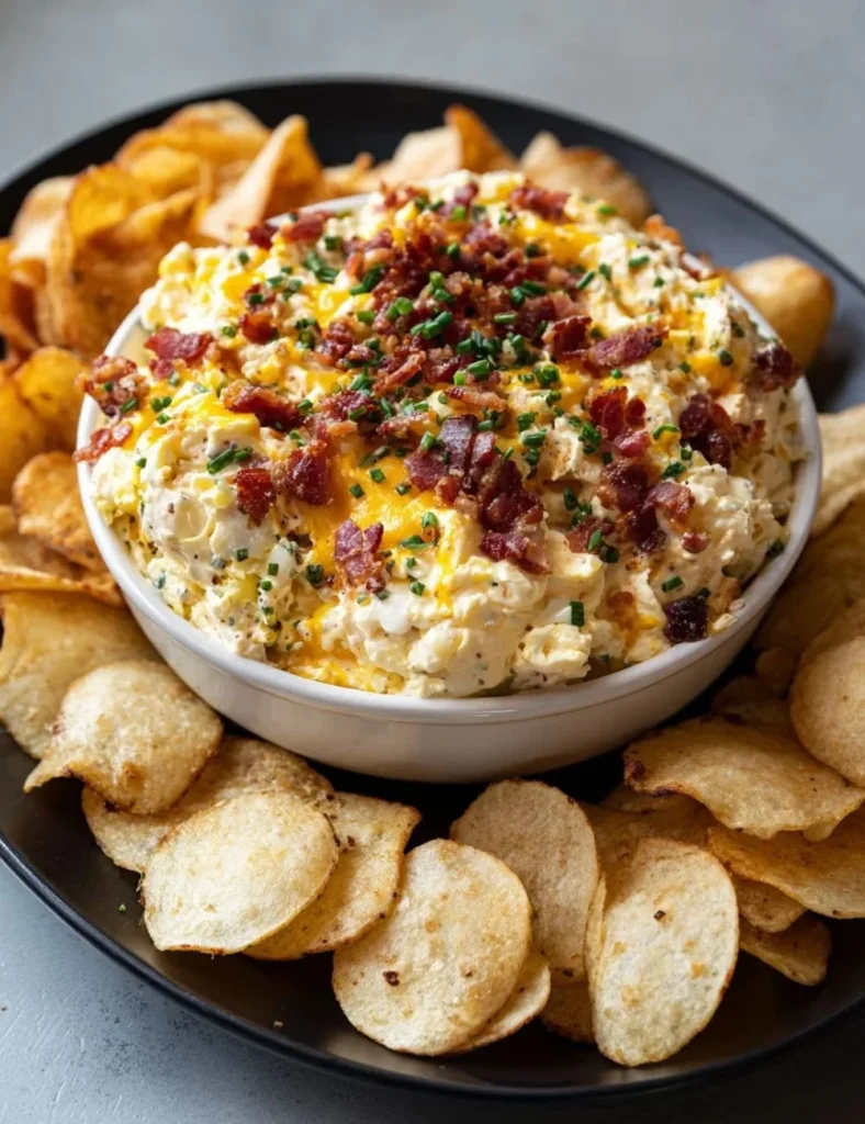 Bowl of addictive Humpty Dumpty Dip served with crispy crackers and fresh veggies.