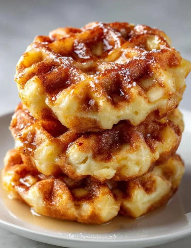 Delicious Apple Fritter Waffle Donuts topped with glaze and apple chunks