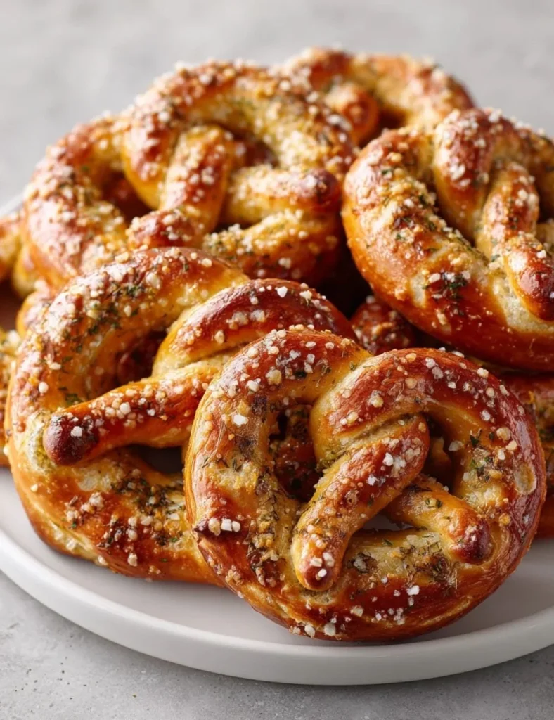 A plate of freshly baked dill pickle pretzels, garnished for presentation.
