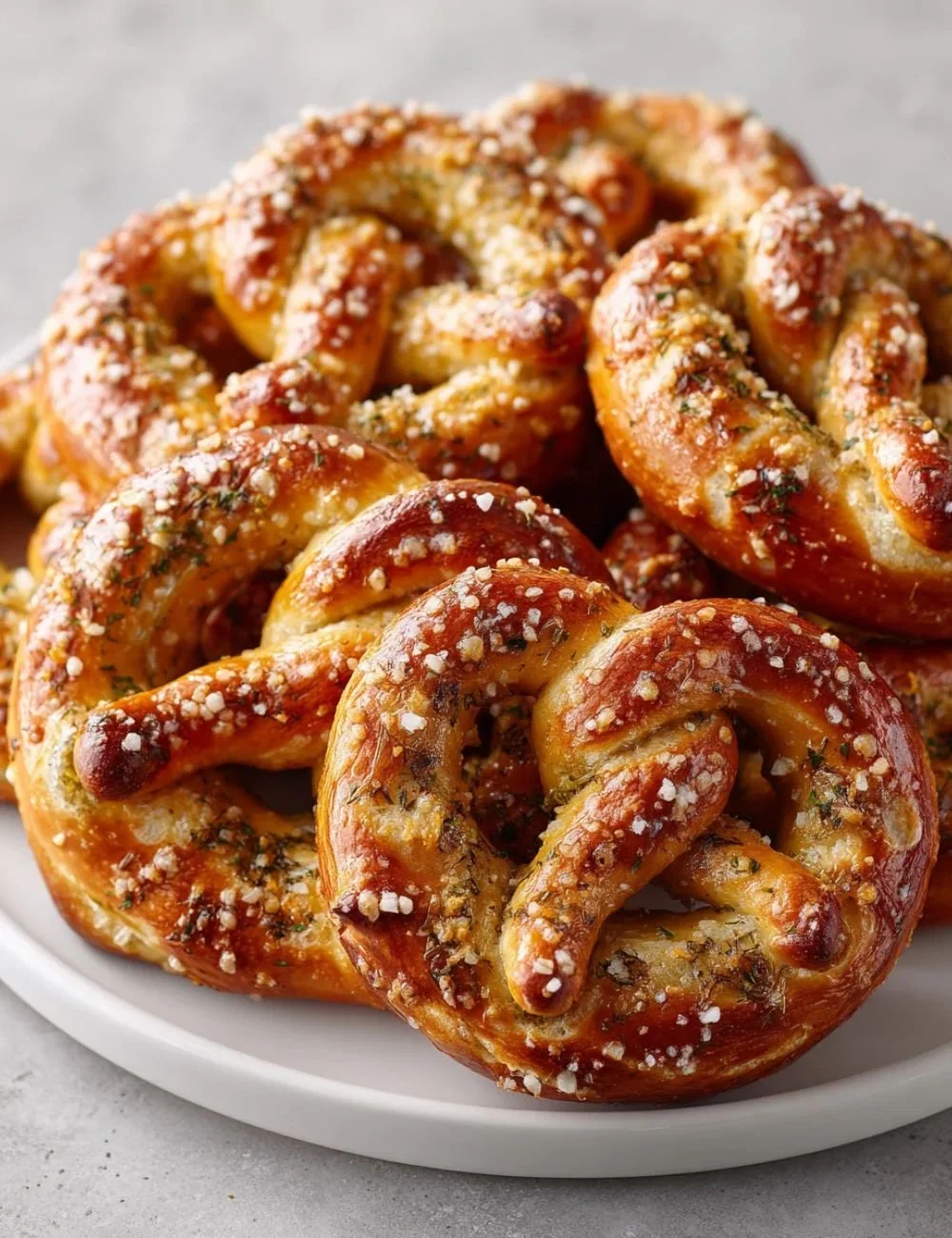 A plate of freshly baked dill pickle pretzels, garnished for presentation.