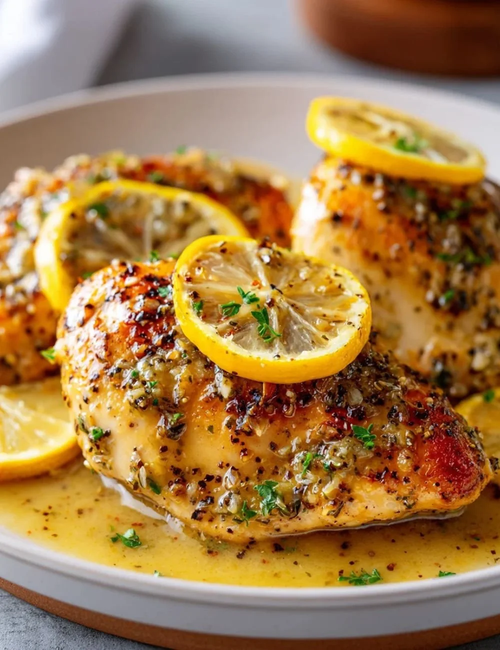 Baked lemon butter chicken served with fresh herbs and lemon slices