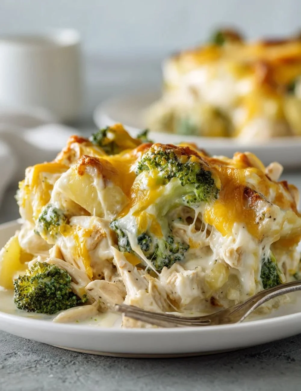 Baked potato chicken and broccoli casserole in a casserole dish