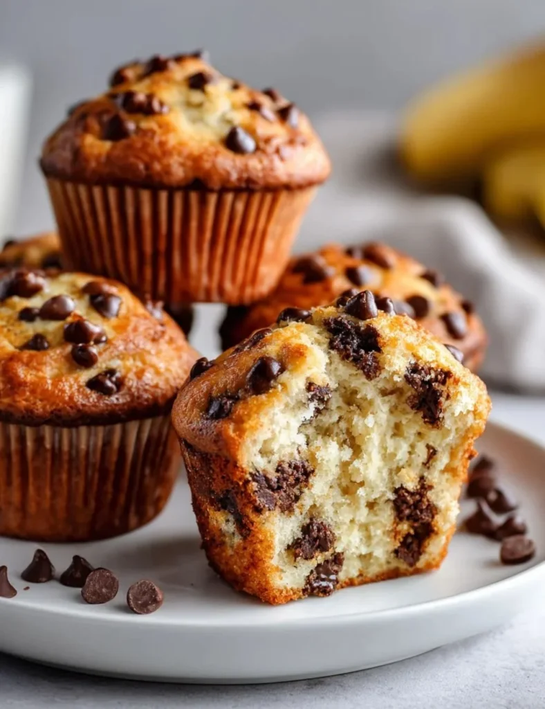 Delicious homemade banana chocolate chip muffins on a plate