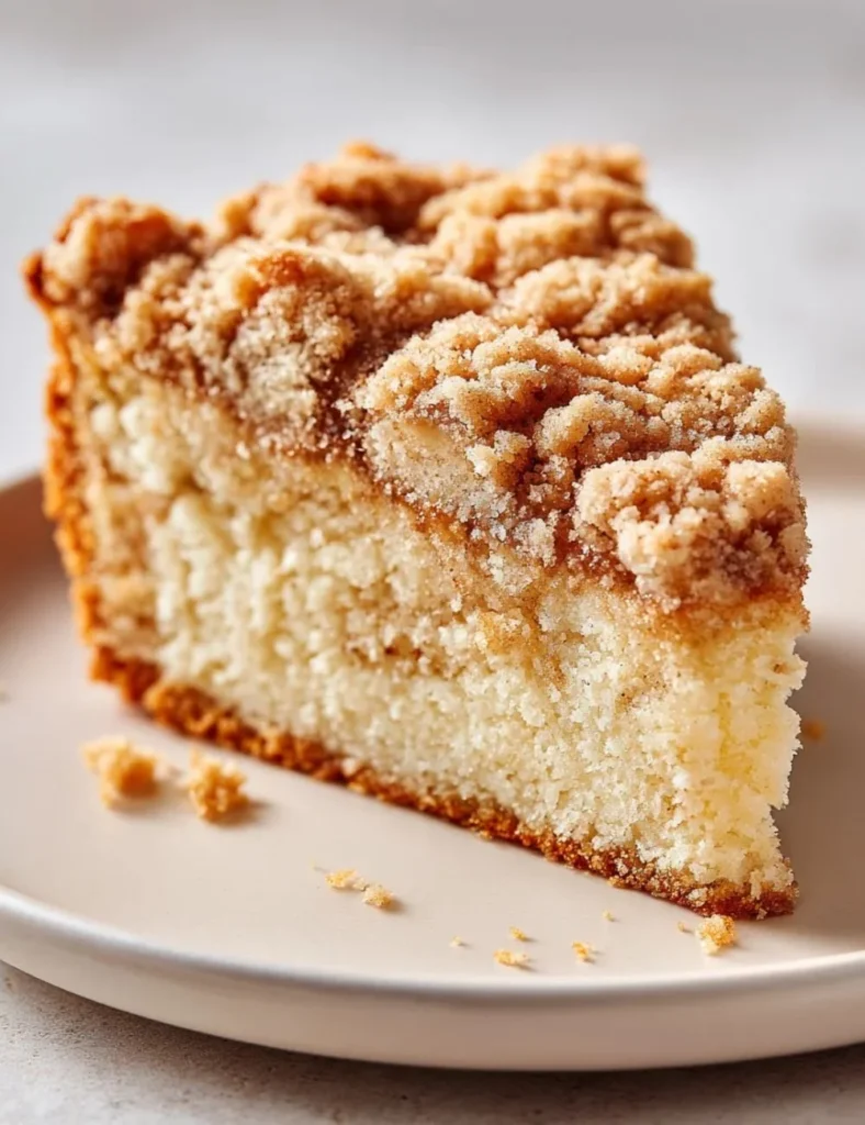 Delicious banana crumb coffee cake topped with a buttery crumble