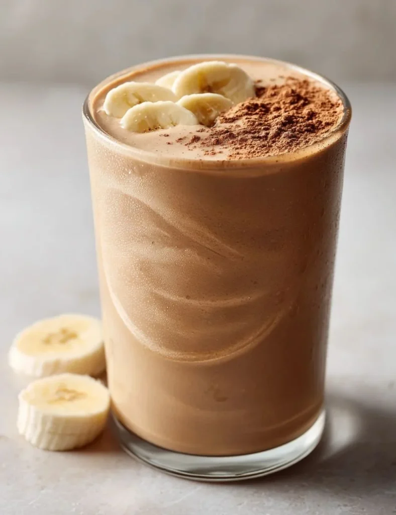 Banana protein coffee smoothie topped with banana slices and coffee beans