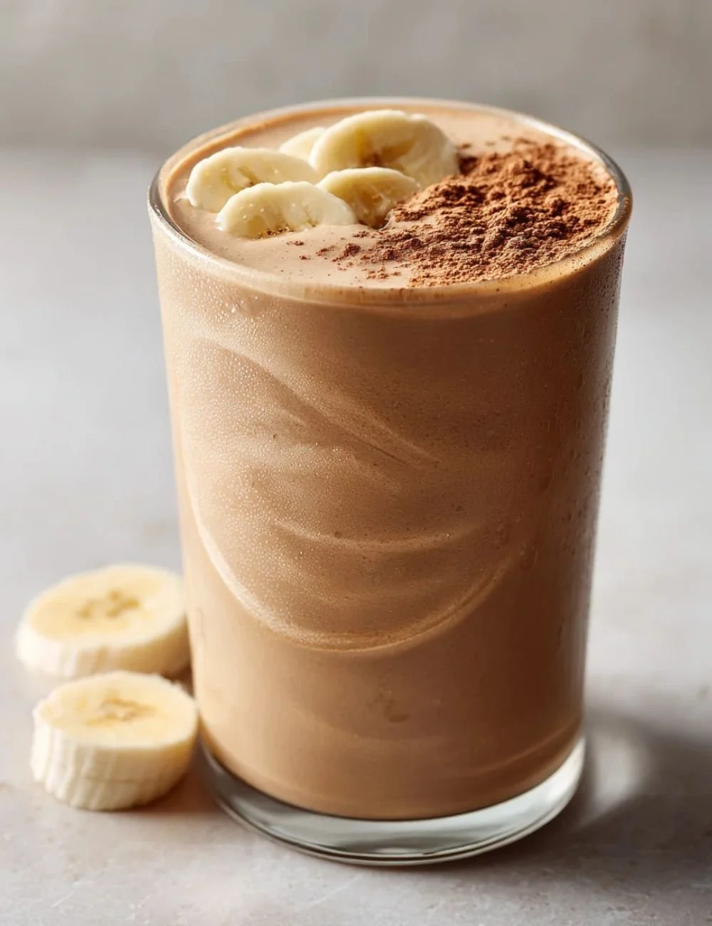 Banana protein coffee smoothie topped with banana slices and coffee beans