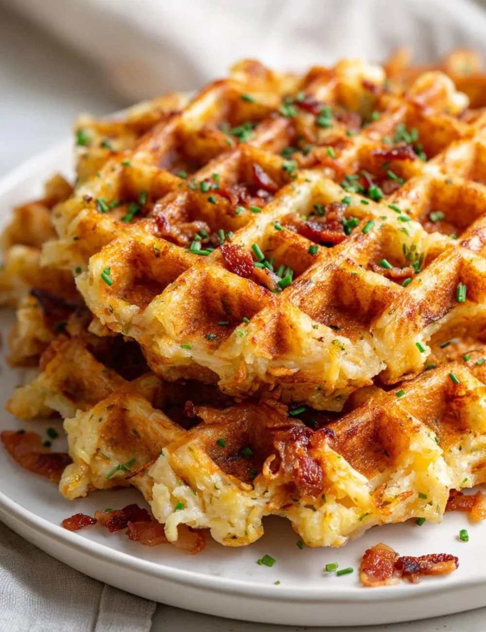 Crispy hashbrown waffles topped with beef bacon and cheese