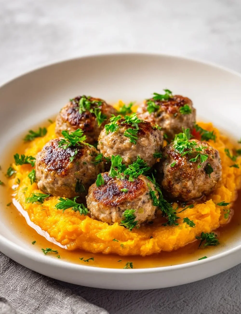 Beef meatballs served on a plate with sweet potato mash, garnished with herbs