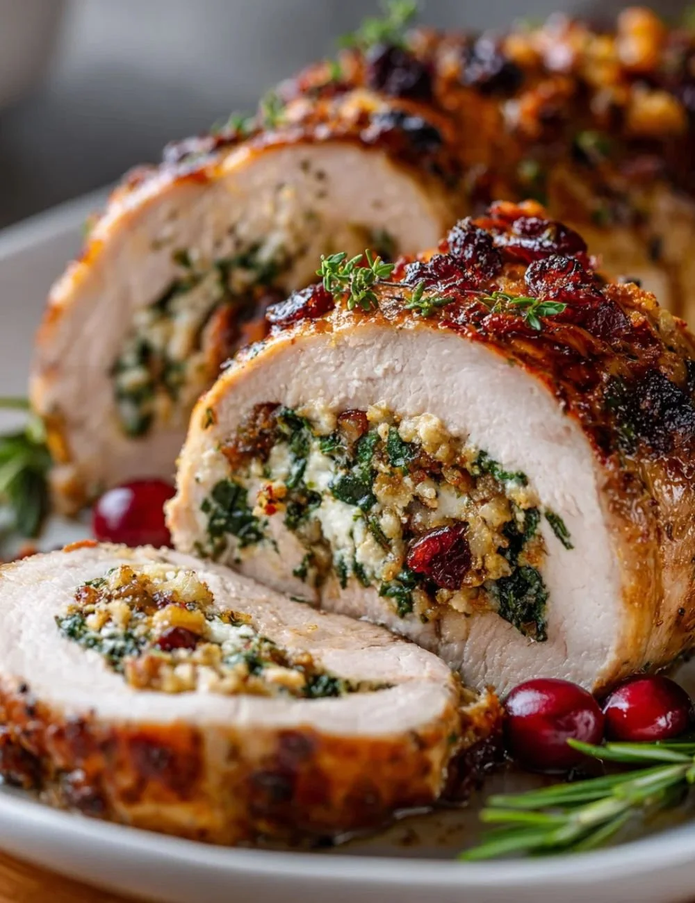 Deliciously prepared Christmas stuffed beef tenderloin ready to serve.