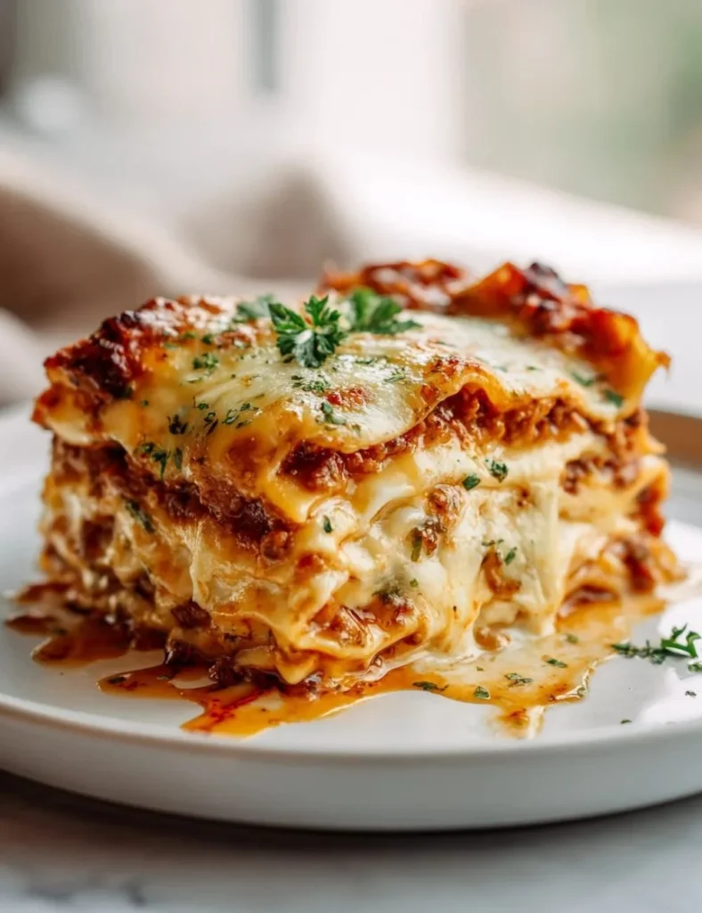 Delicious homemade lasagna with layers of beef and cheese