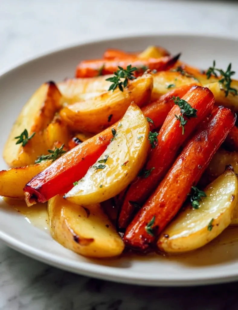 Caramelized Maple Dijon Roasted Apples served with colorful carrots