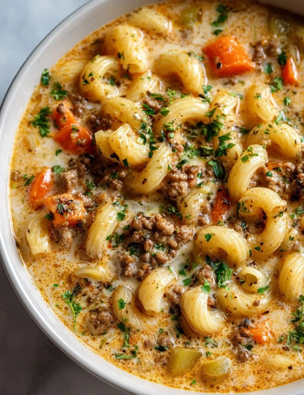 Delicious homemade cheeseburger soup served in a bowl with toppings.