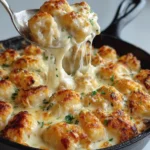 Delicious Chicken Alfredo Tater Tot Casserole topped with melted cheese