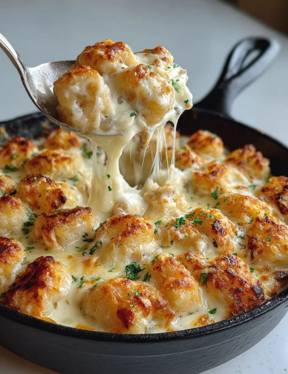 Delicious Chicken Alfredo Tater Tot Casserole topped with melted cheese