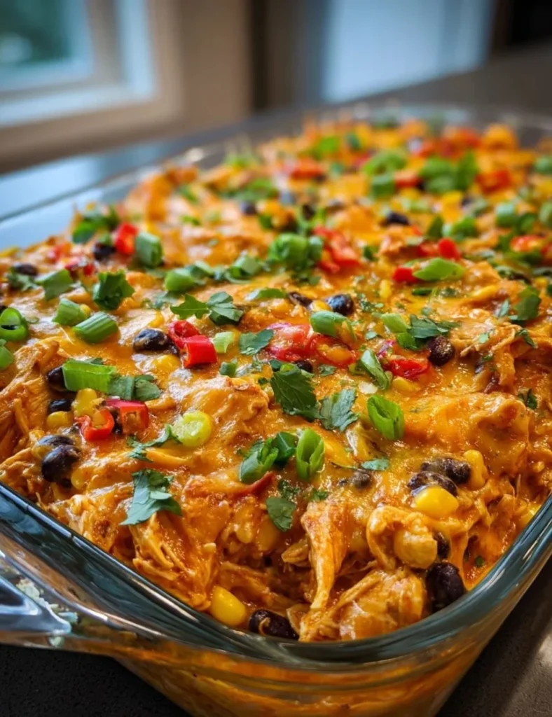 Delicious chicken burrito casserole topped with cheese and fresh ingredients
