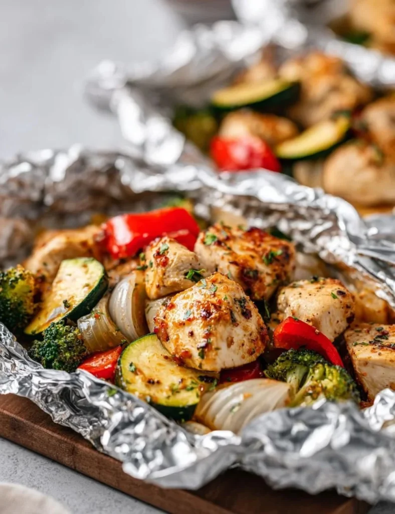 Delicious chicken veggie packets on a plate, ready to serve for dinner