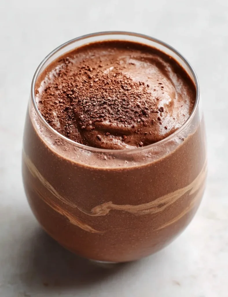 Chocolate peanut butter protein smoothie in a glass with a straw