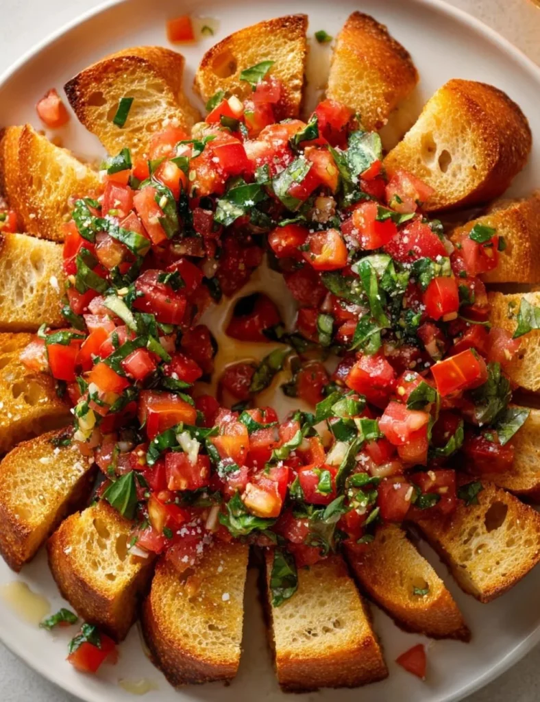 A beautifully arranged Christmas Bruschetta Wreath appetizer for holiday gatherings.