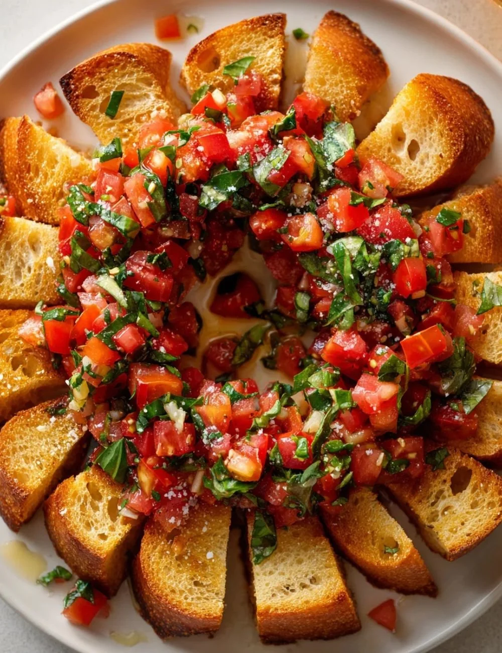 A beautifully arranged Christmas Bruschetta Wreath appetizer for holiday gatherings.