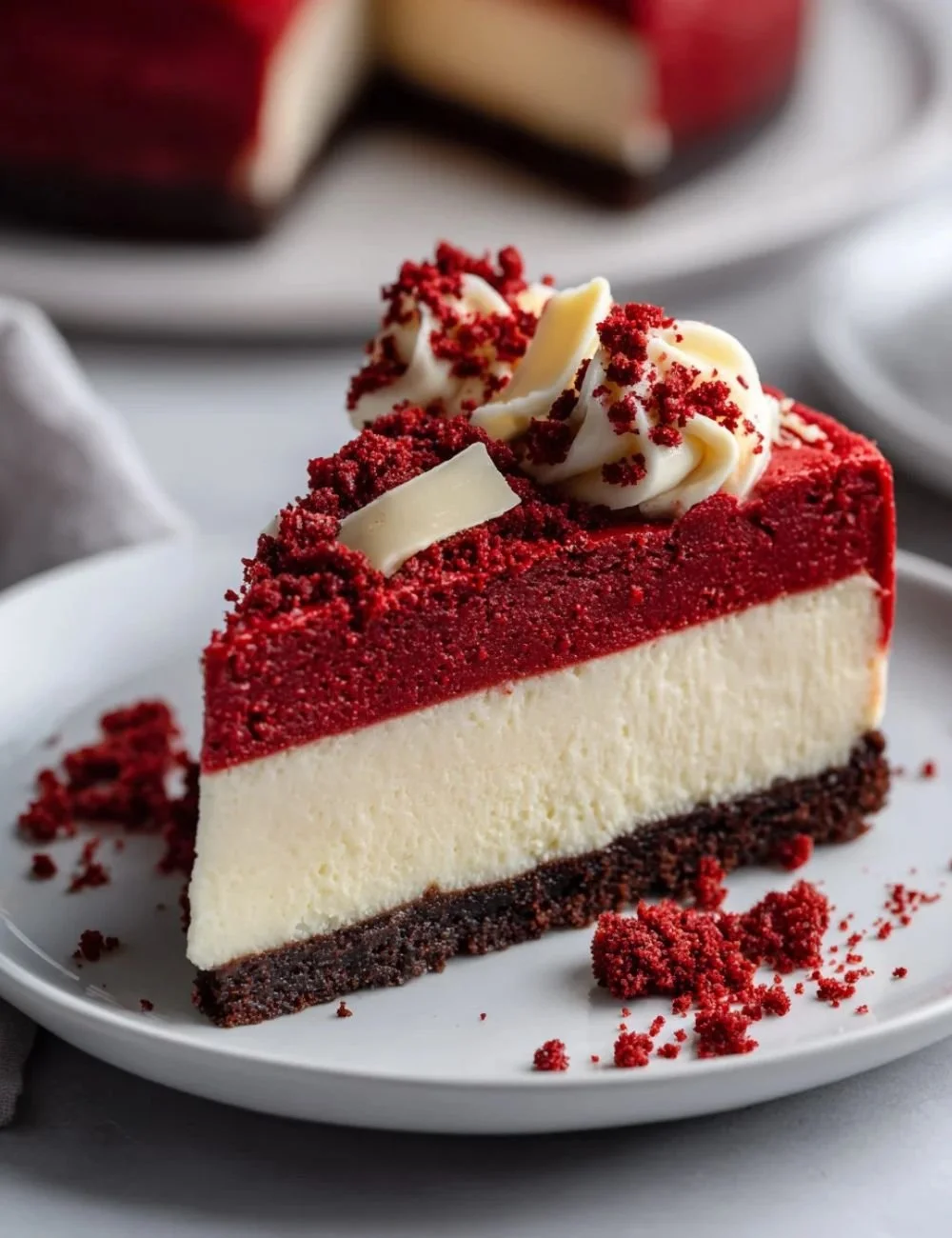 Delicious Christmas Red Velvet Cheesecake topped with festive decorations