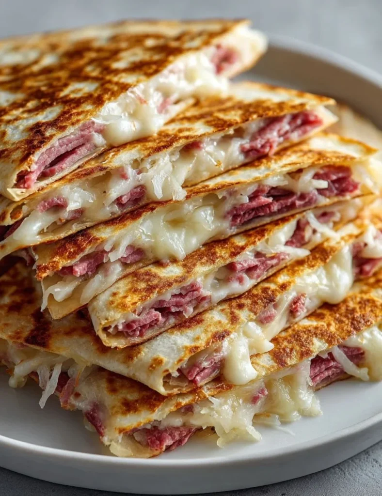 Delicious Corned Beef Swiss Reuben Quesadillas served on a plate