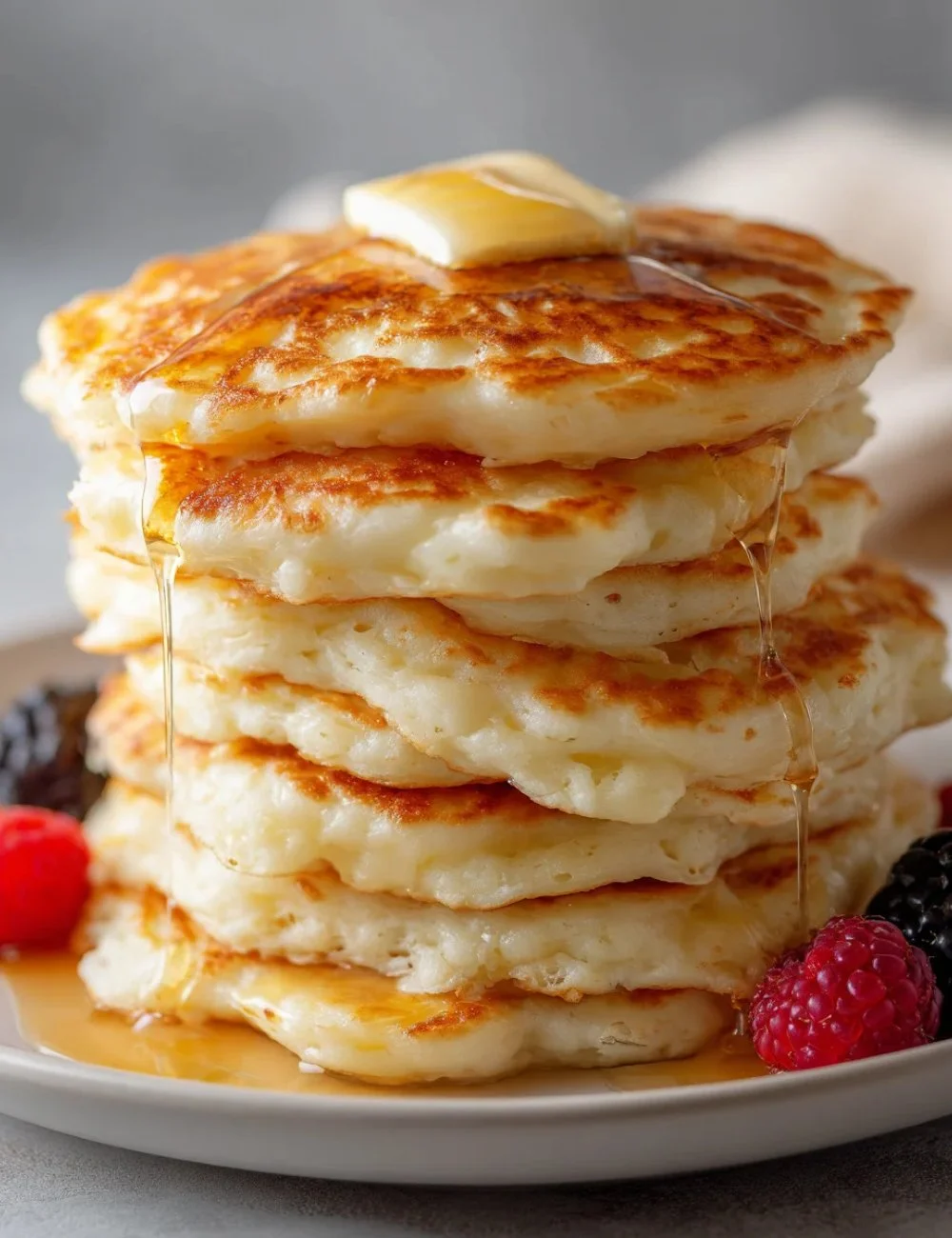 Delicious cottage cheese pancakes served with fresh fruit and syrup.