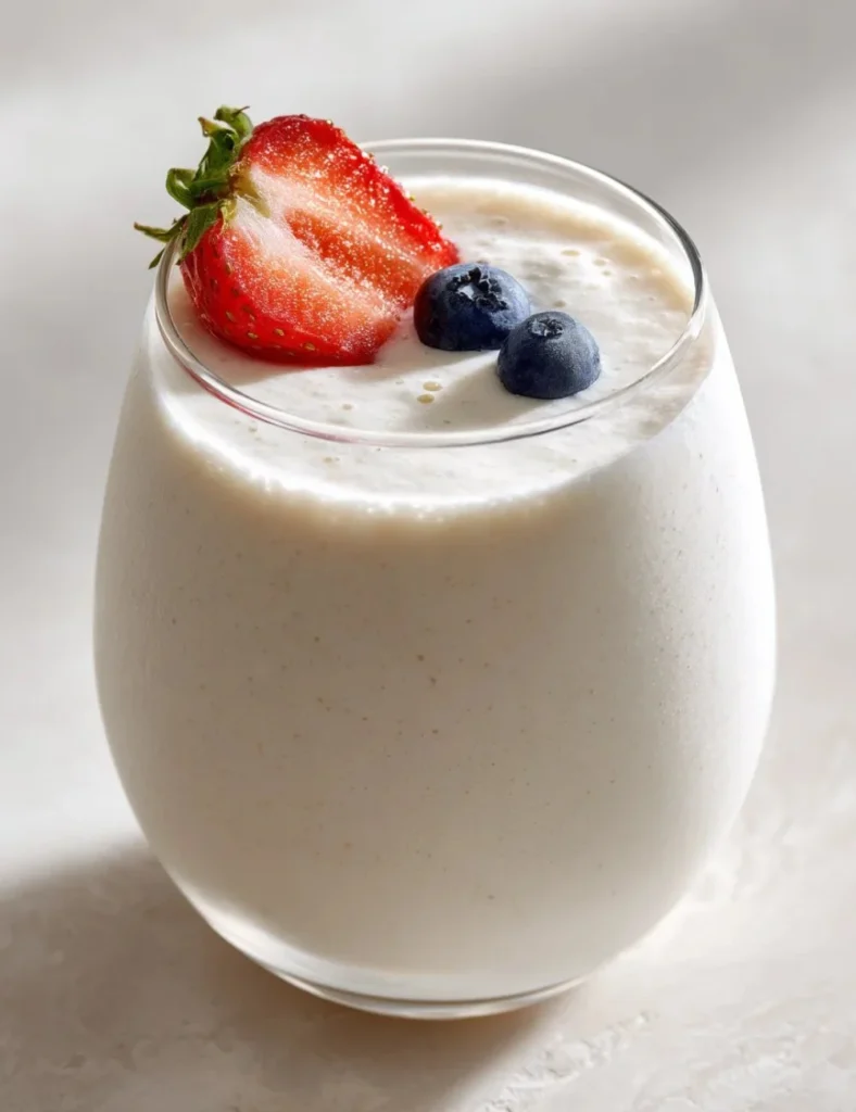 Delicious cottage cheese smoothie with fresh fruits and toppings