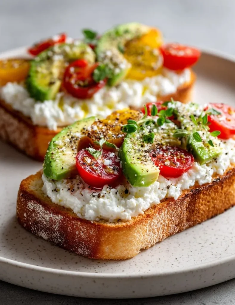 Cottage cheese toast topped with fresh vegetables and herbs for a healthy meal