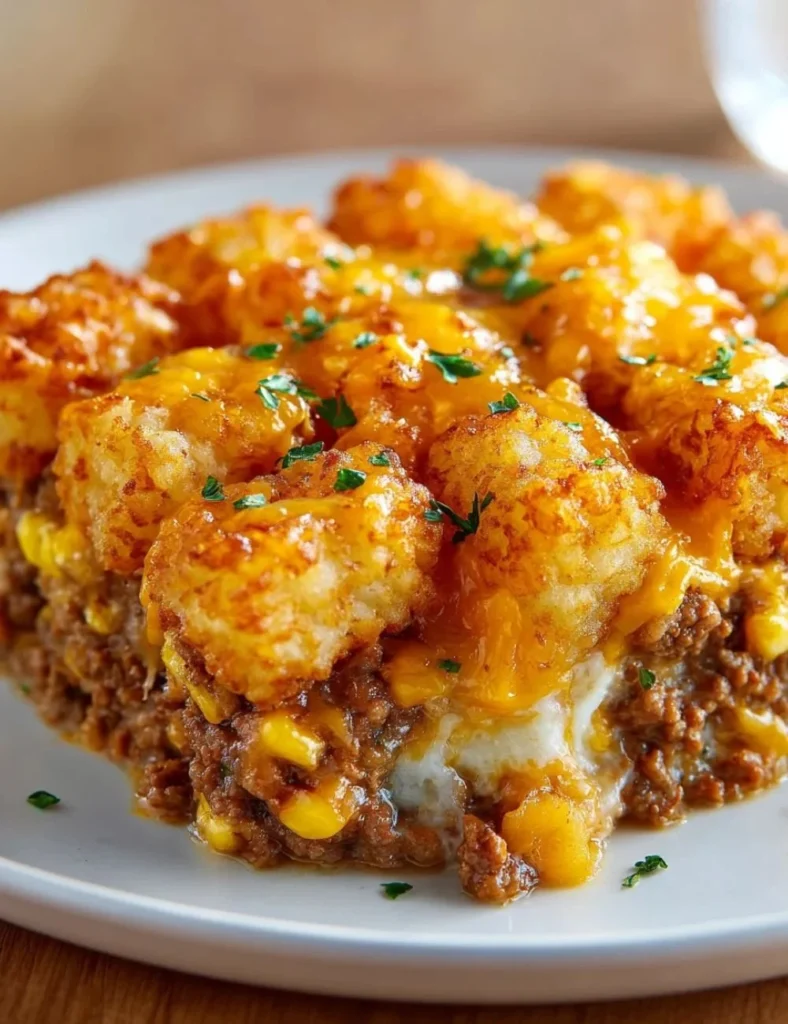 Delicious Cowboy Casserole topped with cheese and ingredients in a baking dish