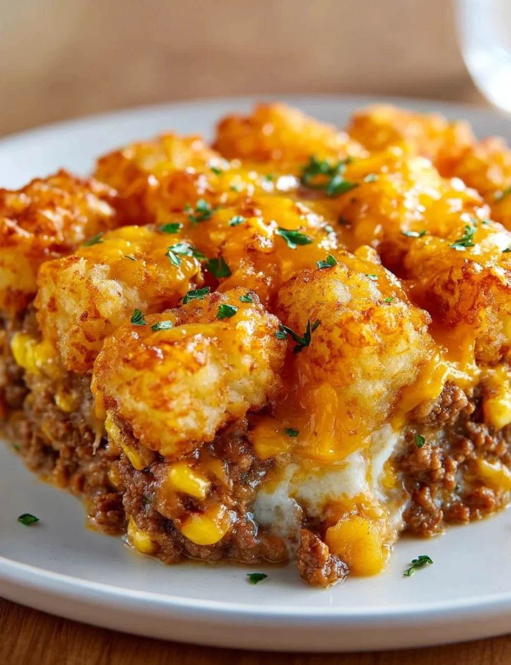 Delicious Cowboy Casserole topped with cheese and ingredients in a baking dish