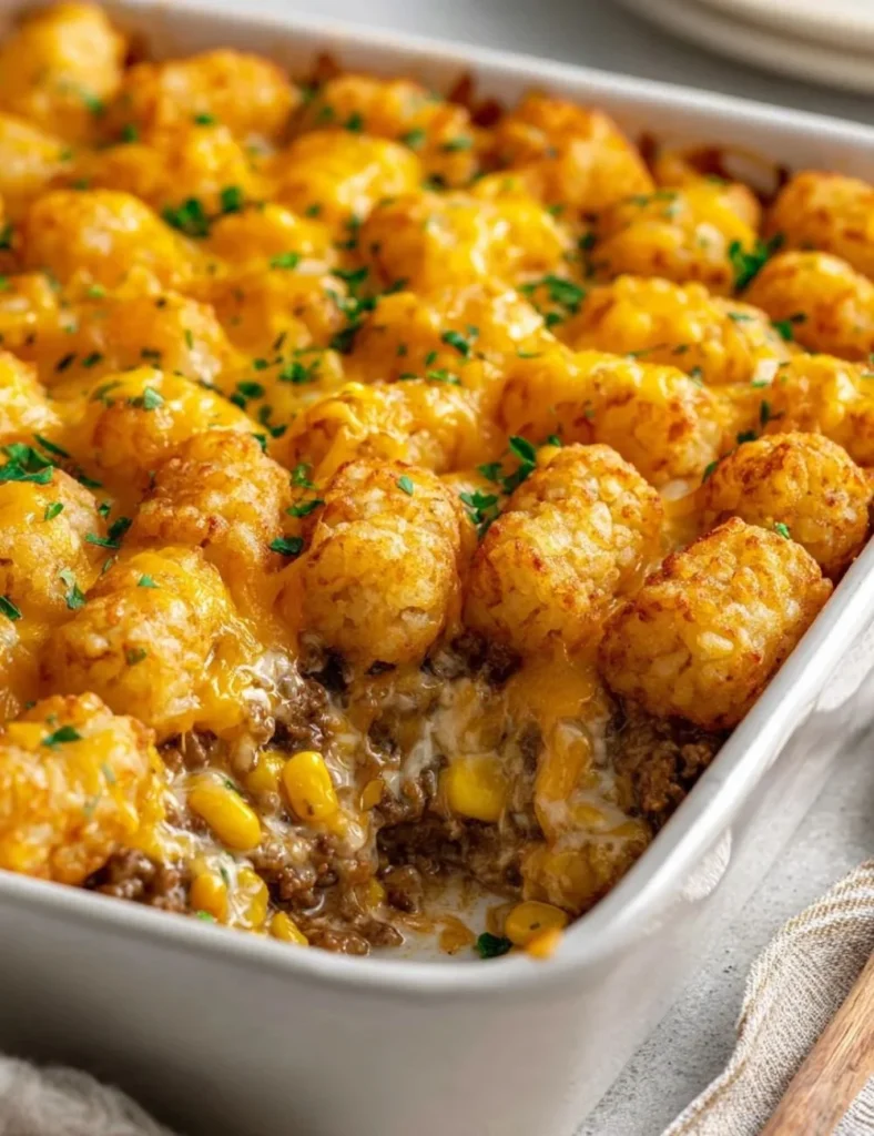 A hearty serving of Cowboy Casserole topped with cheese and garnished with green onions.
