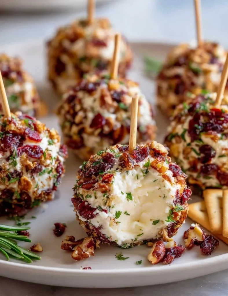 Cranberry pecan mini cheese balls garnished on a platter for a festive appetizer.
