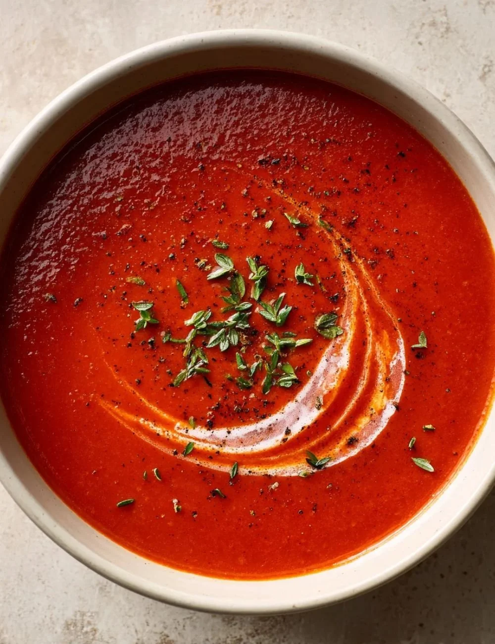 Delicious high protein tomato soup served in a bowl with fresh basil garnish