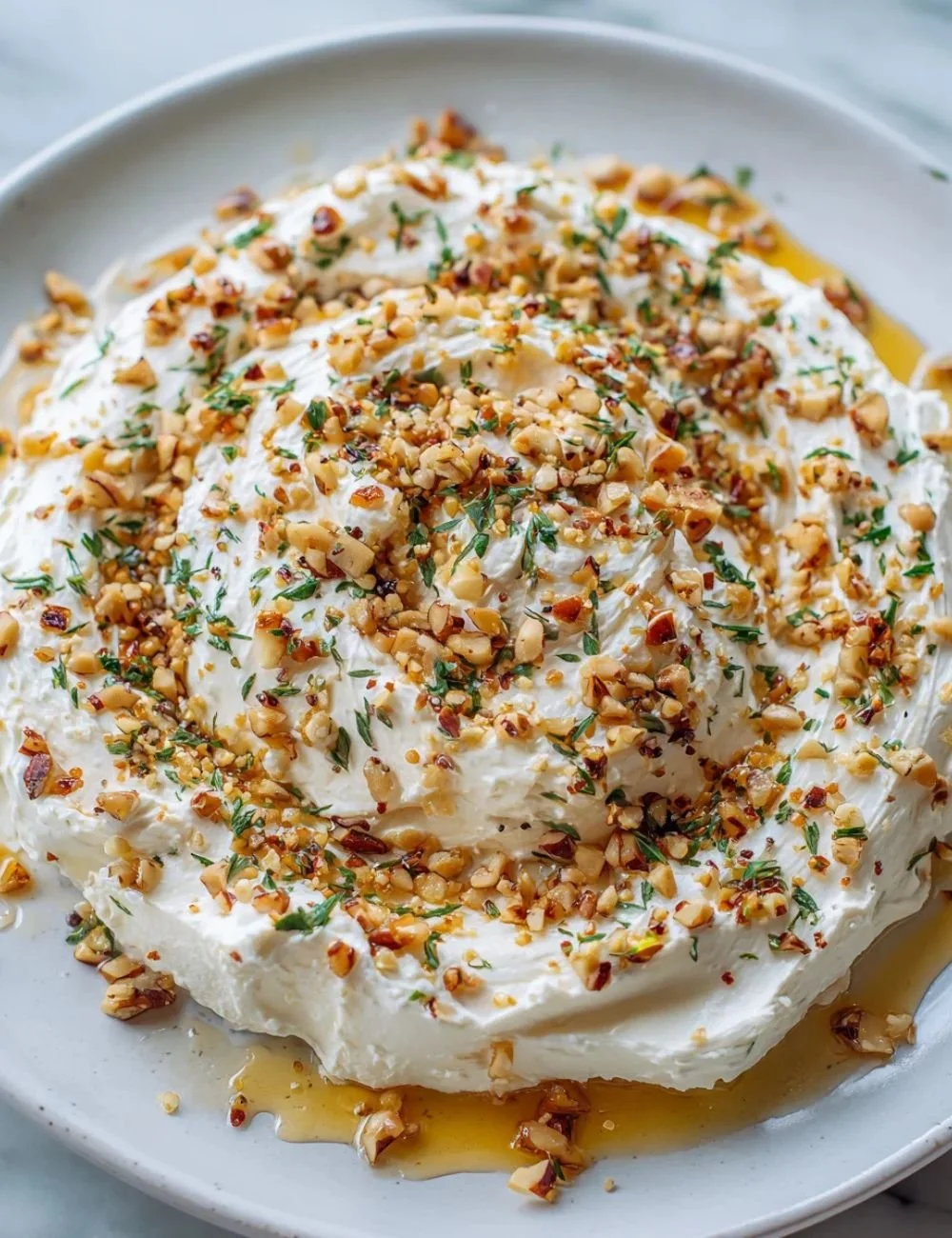 Creamy Boursin cheese appetizer served on a platter with fresh herbs