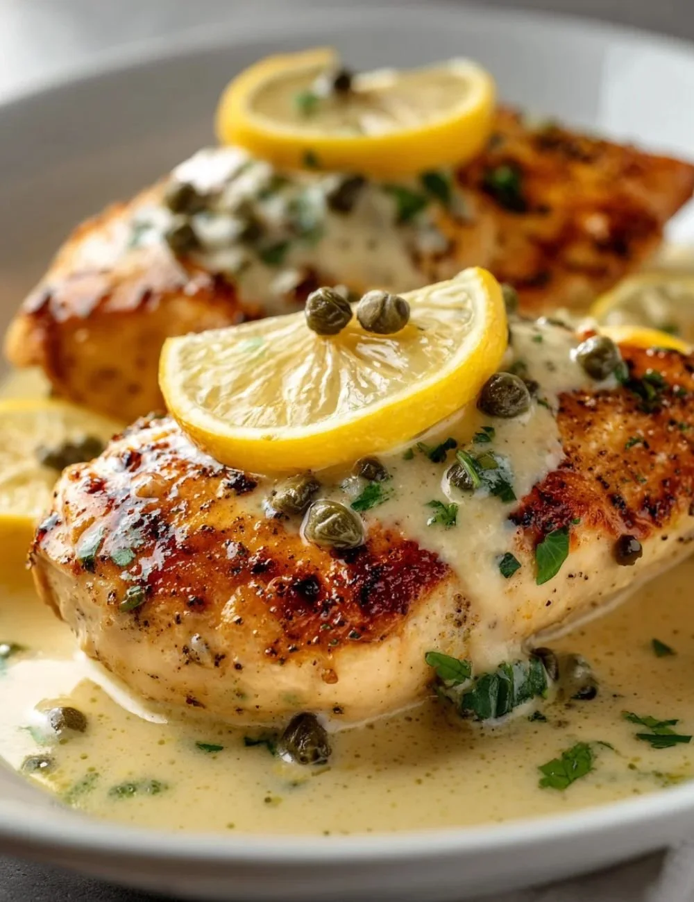 Creamy lemon chicken with capers served on a plate
