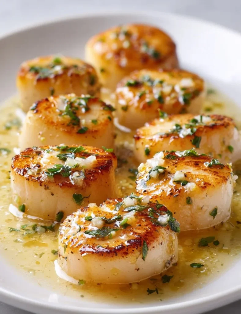 Creamy lemon garlic scallops served with fresh herbs and lemon slices