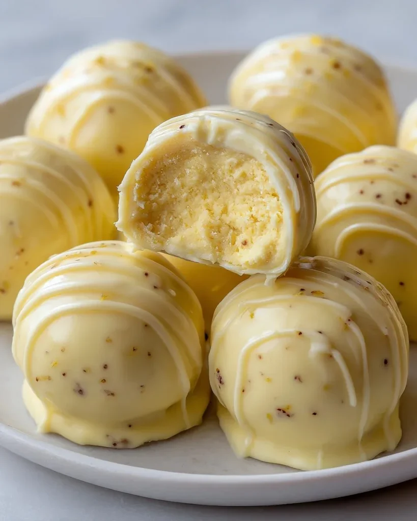 Delicious creamy lemon truffles garnished with lemon zest on a plate.