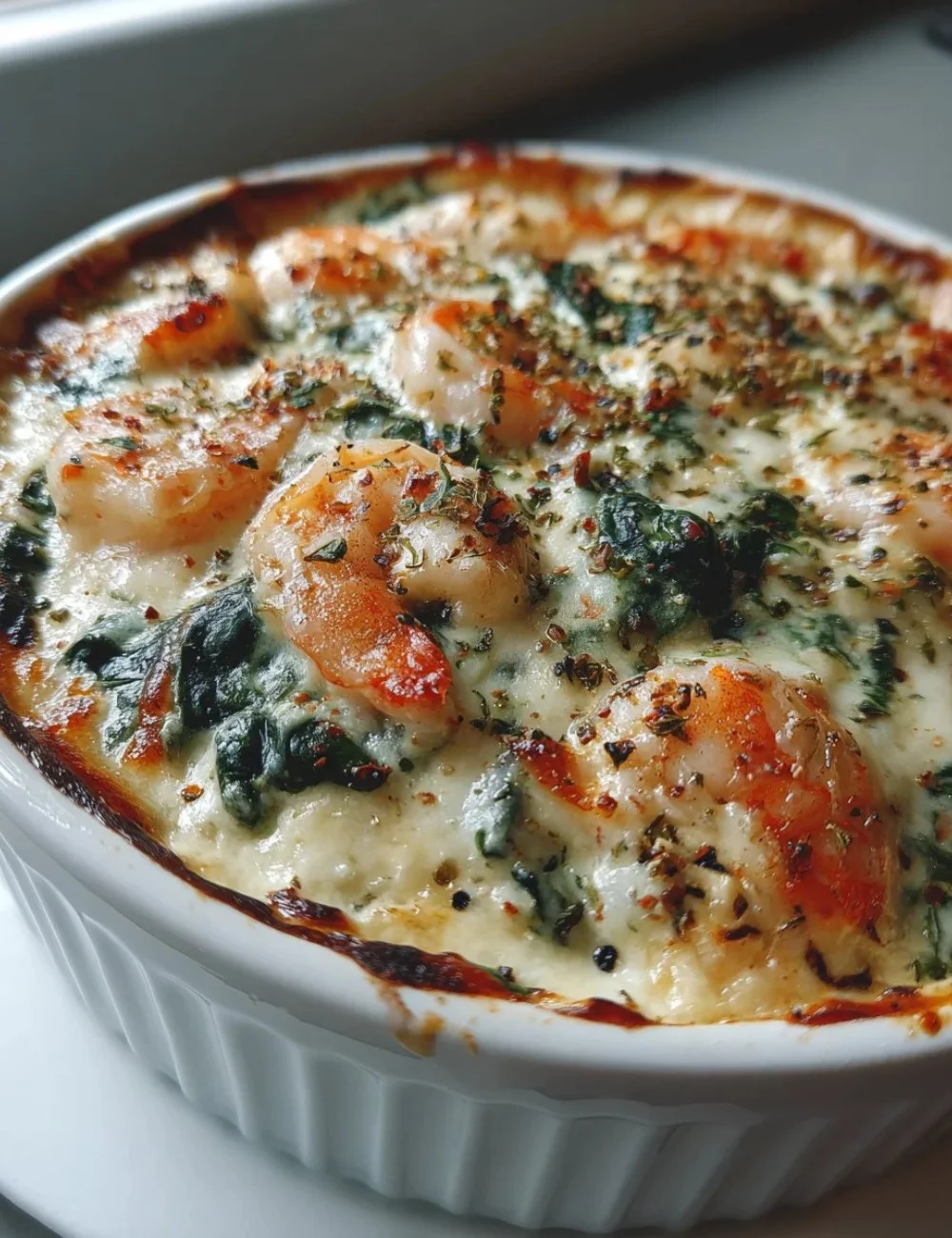 Delicious creamy seafood spinach dip served in a bowl with breadsticks on the side.