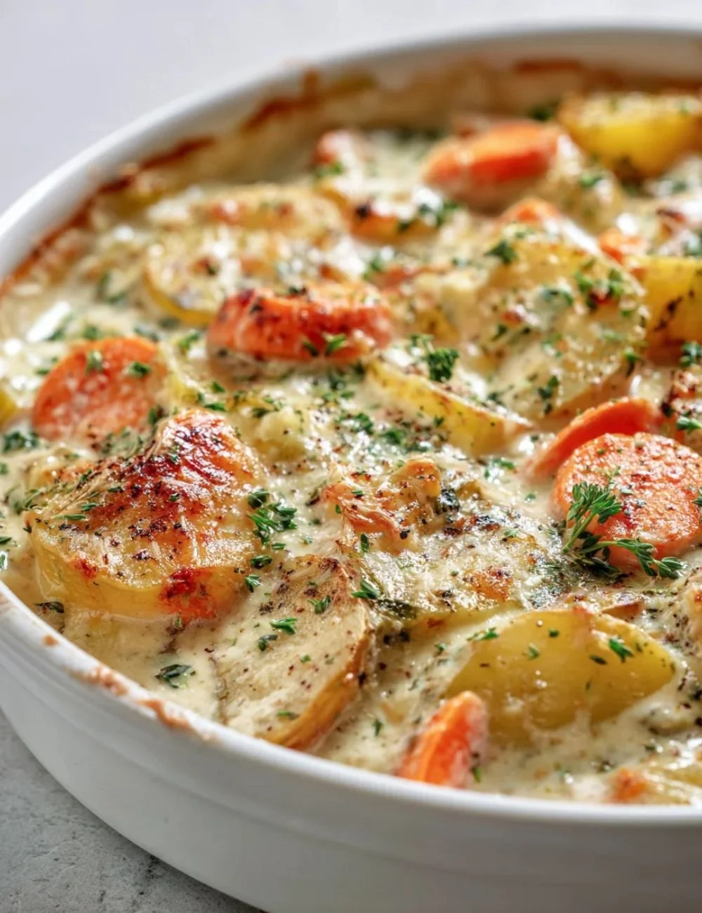 Creamy winter vegetable bake with assorted vegetables in a casserole dish