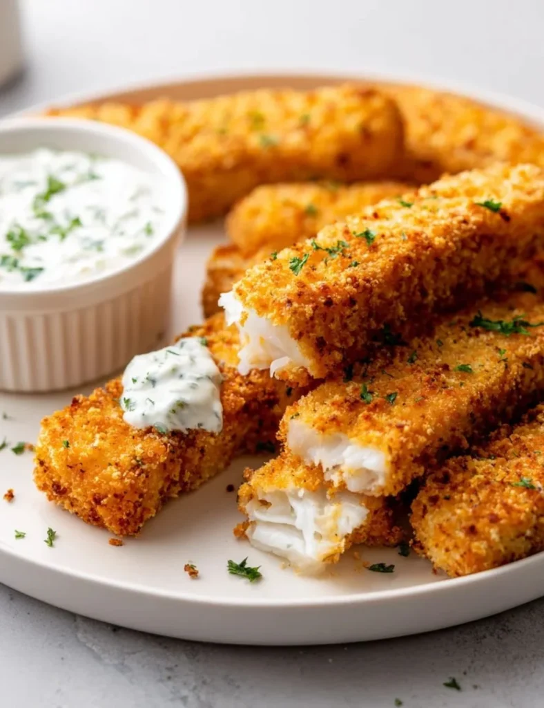 Crispy baked fish sticks served with tartar sauce on a plate