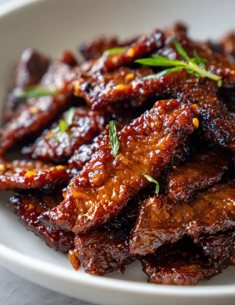 Crispy orange beef dish garnished with green onions and sesame seeds