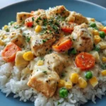 Delicious crustless chicken pot pie in a bowl, topped with fresh herbs