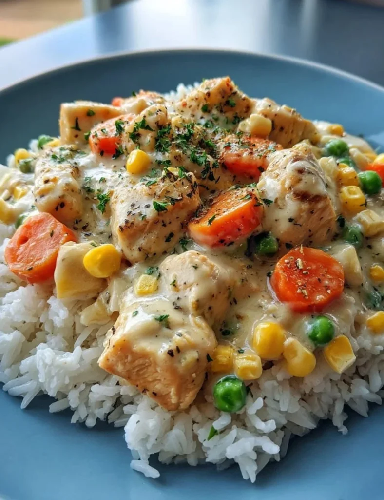 Delicious crustless chicken pot pie in a bowl, topped with fresh herbs