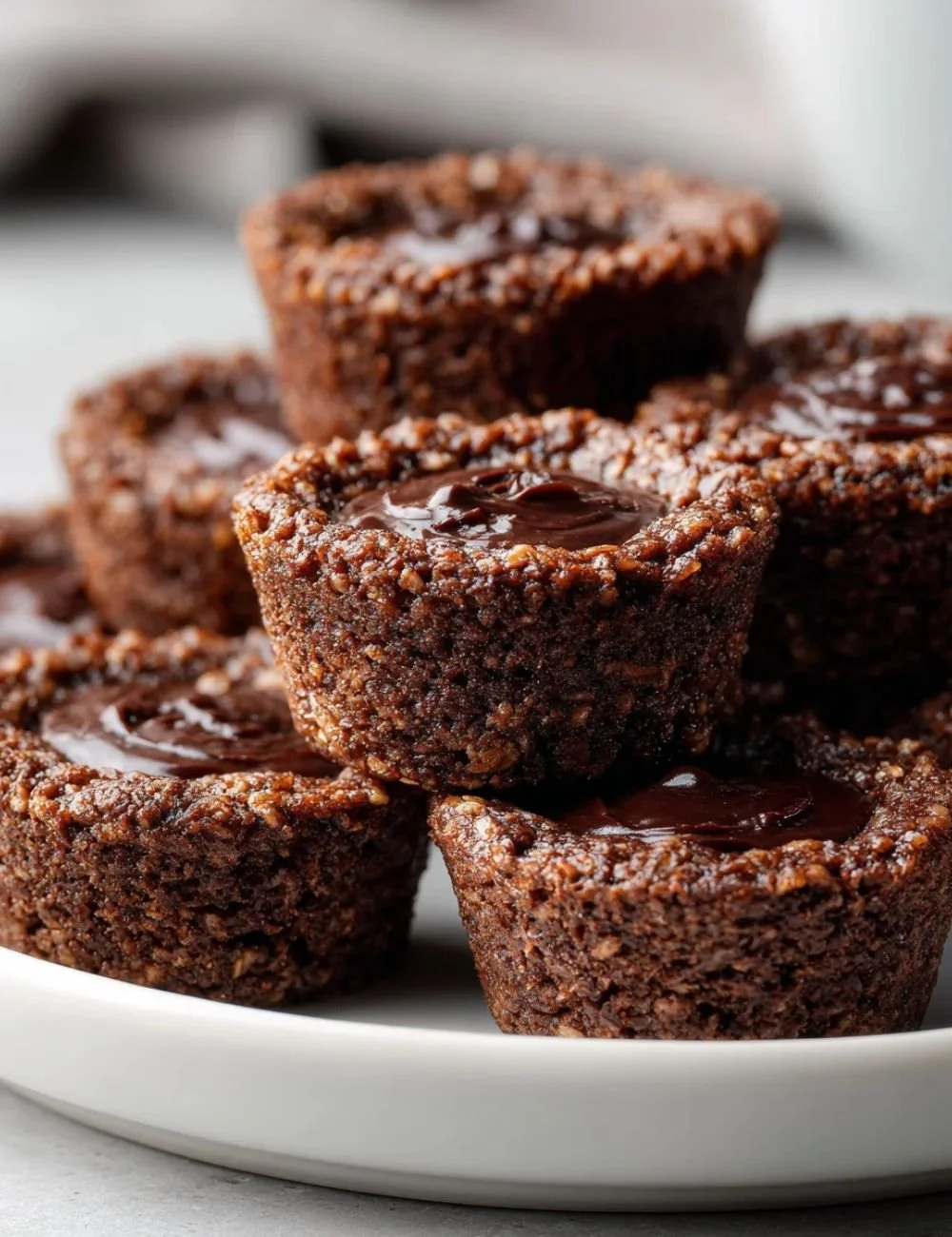 Decadent dark chocolate oatmeal cups topped with chocolate drizzle and oats