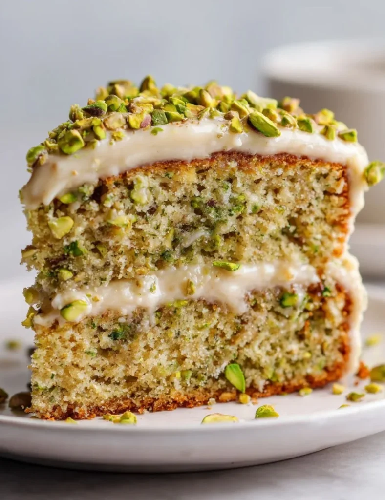 Decadent pistachio coffee cake with a rich texture and nuts on top