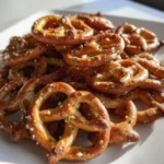 Baked dill pickle pretzels served in a bowl, garnished with fresh dill.