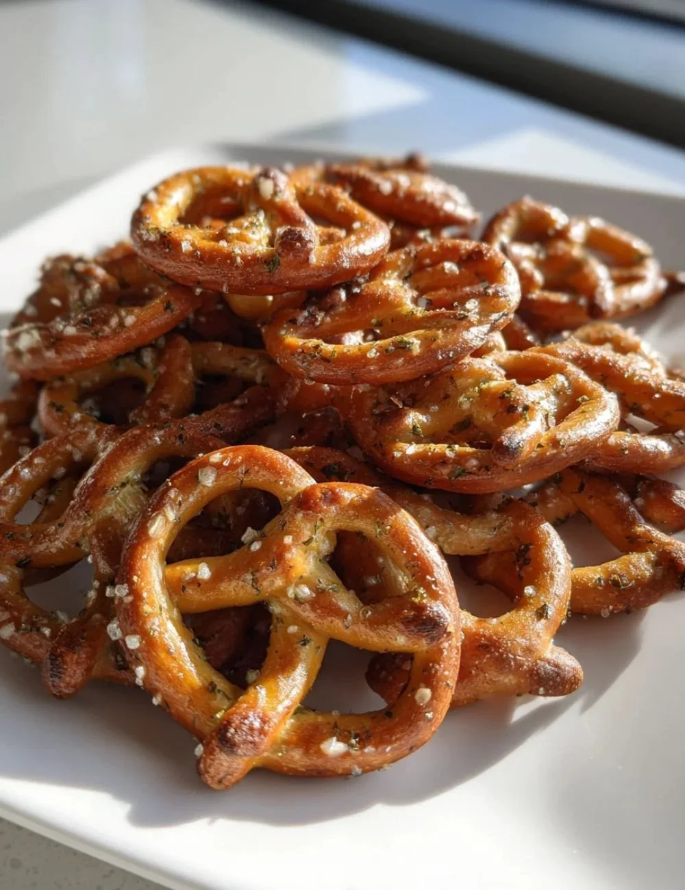 Baked dill pickle pretzels served in a bowl, garnished with fresh dill.
