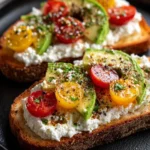 A slice of delicious cottage cheese toast topped with fresh herbs and tomatoes.