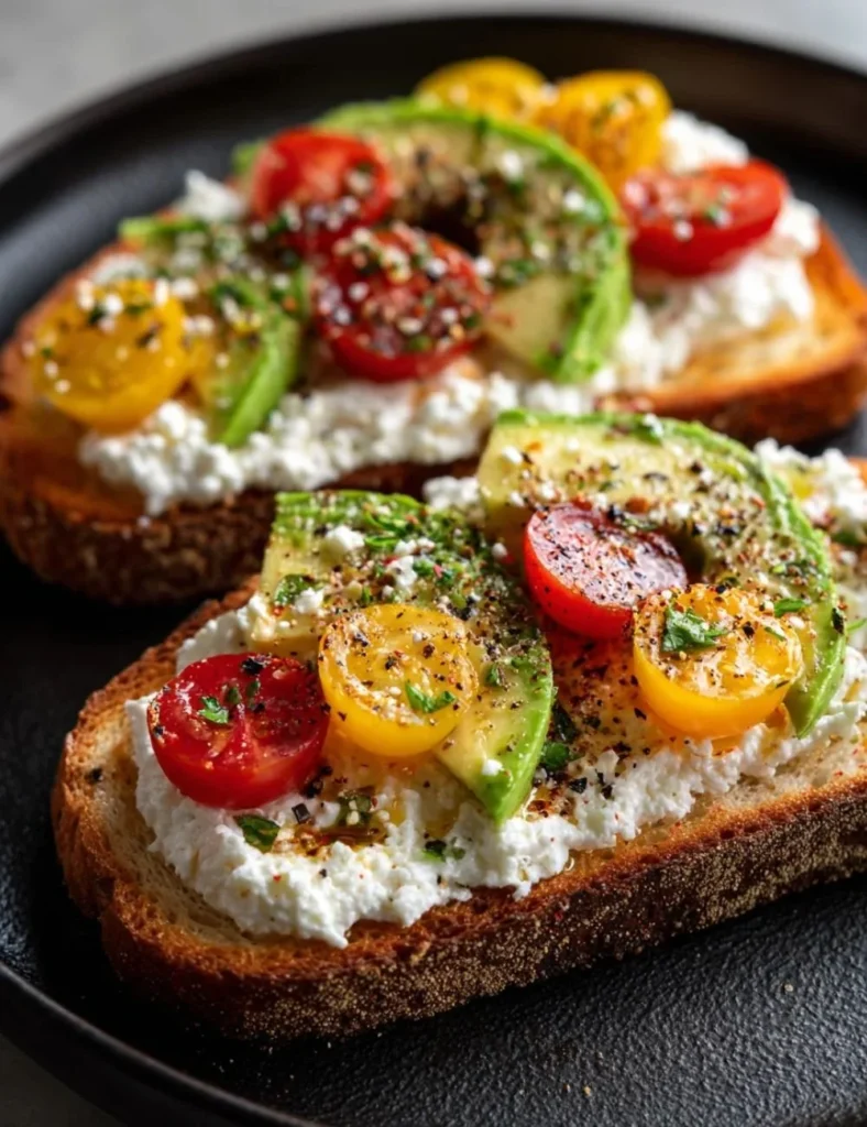 A slice of delicious cottage cheese toast topped with fresh herbs and tomatoes.