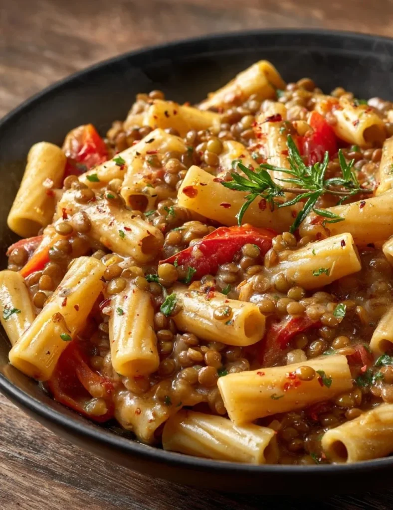 Bowl of delicious pasta with lentils topped with fresh herbs.